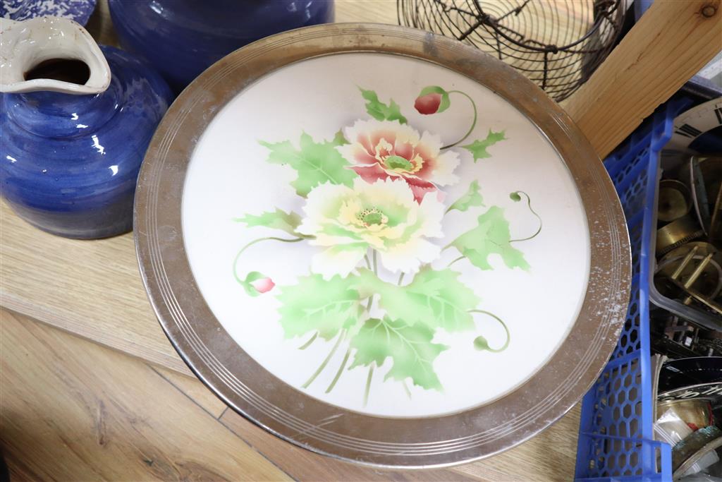 A collection of kitchenwares including a large ironstone jug, 26cm, spongeware bowls, platter, enamel cafeterie, storage jars, cake sta